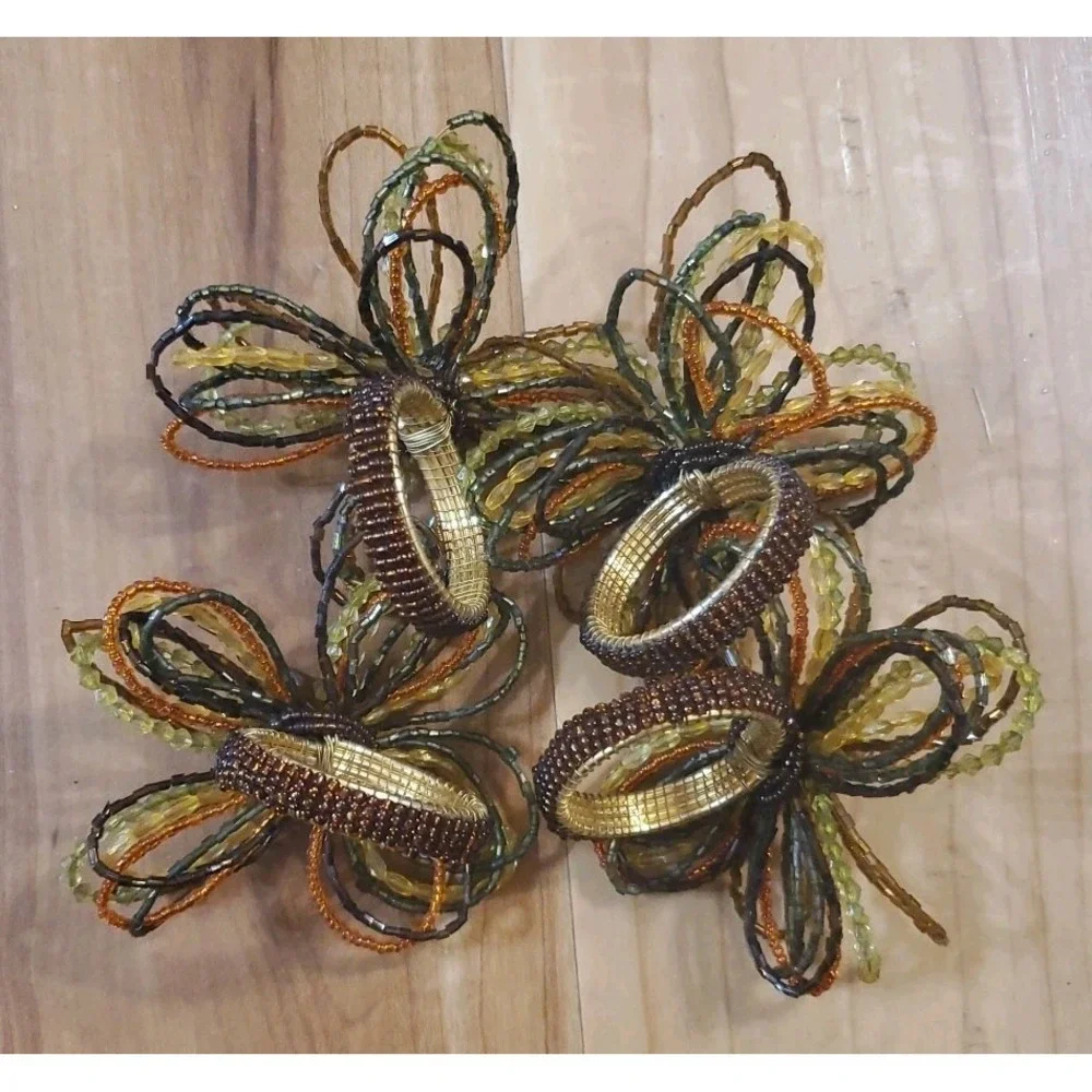 Pier One Beaded Napkin Rings Floral‎ Gold Rust Green Yellow Set Of 4
